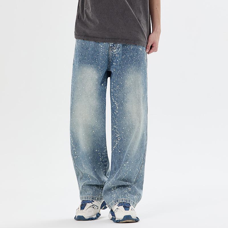 Gypsy hot diamond washed old denim straight pants loose casual men's retro street trendy American wide-leg trousers