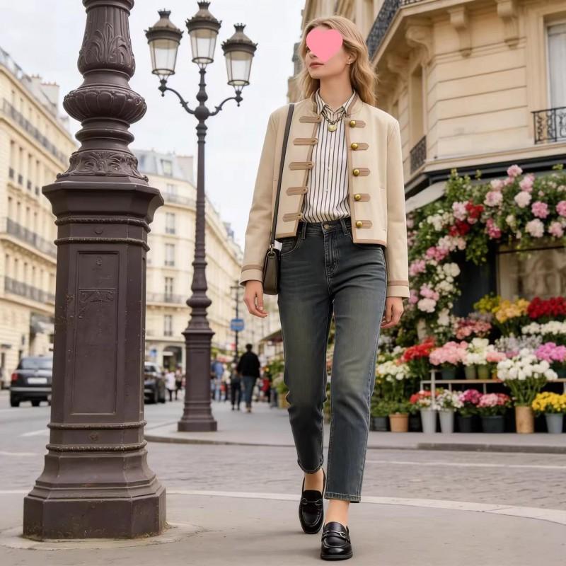 Womens Winter Wool-Blend Tailored Blazer With Mandarin Collar Button Detail Urban Chic Office Wear