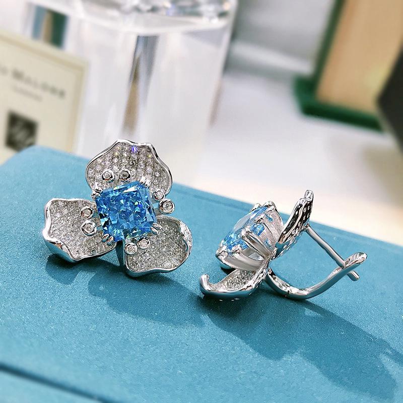 Luoxi Silver Aquamarine & Diamond Flower Earrings for Women