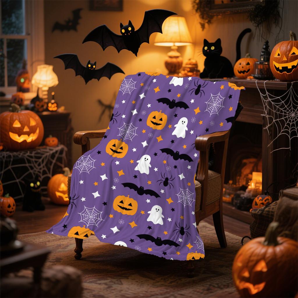 1pc Pink Purple Halloween Blanket Ghost Print for Sofa Chair Skin-Friendly Soft Blanket 2025 New for Home Halloween Decoration