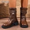 Fashion Vintage Buckle Strap Mid-Calf Boots for Women Brown Pu Leather Motorcycle Shoes Woman Autumn Winter Chunky Heel Booties Fashion