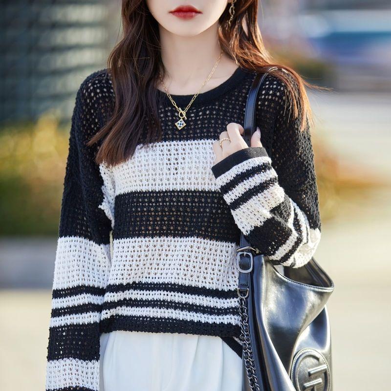 Spring Summer Hollow Knitted Sweater with Knitted Stripes Loose Long Sleeved Sunscreen Cover Thin Top