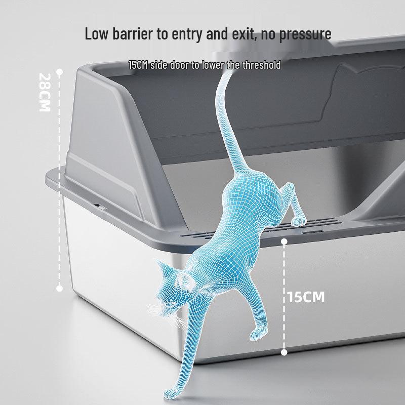 Extra Large Stainless Steel Cat Litter Box with High Walls and Side Opening