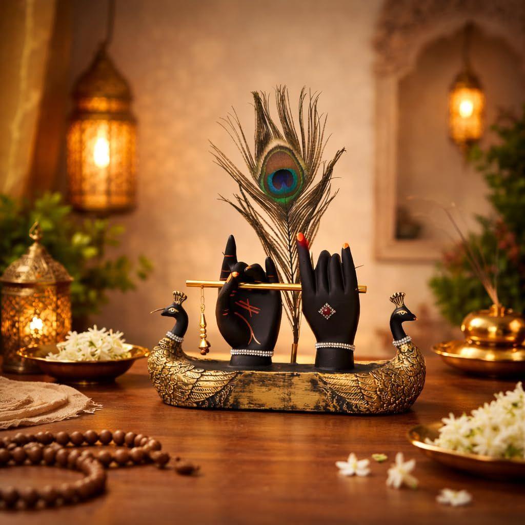 Krishna Hand with Flute & Peacock Feather Idol for Home Decor Gift, Office & Living Room, Peacock