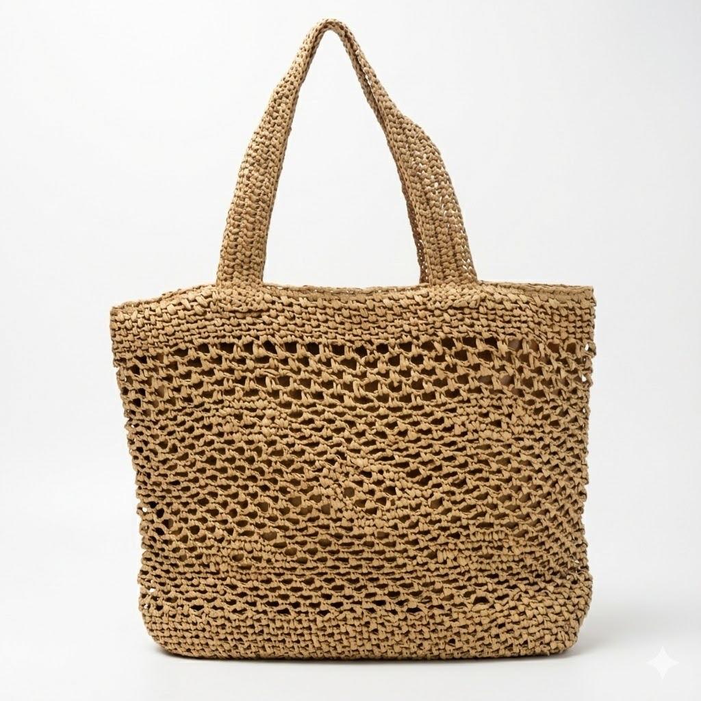 New handwoven bag hollow zipper straw bag women's large capacity shoulder tote bag seaside vacation beach bag