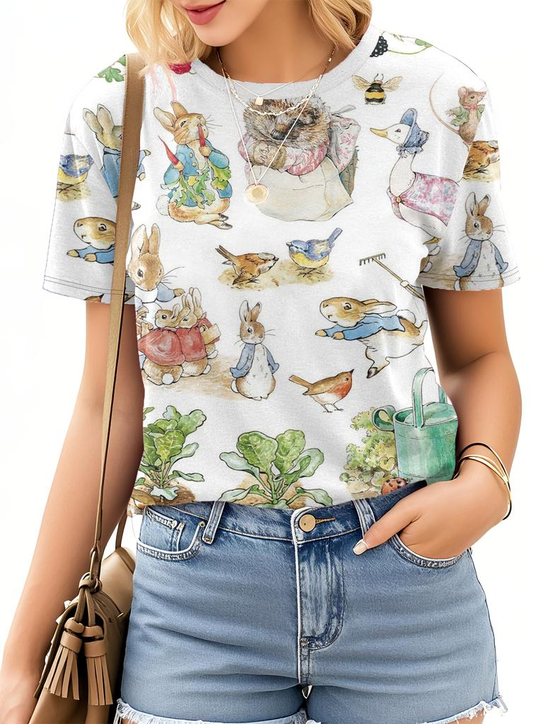 Women's Tee - Whimsical Garden Animal Pattern Graphic, Classic Storybook Critter Design for Casual Daily Wear