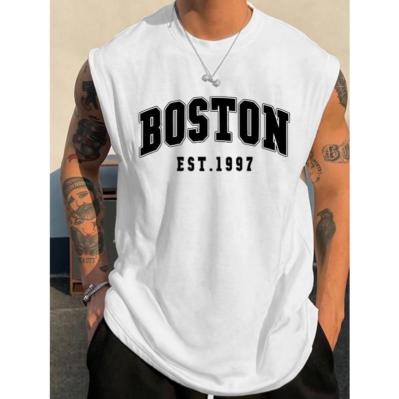 Pánská letní móda ležérní sportovní volná vesta s potiskem Boston est 1997 pohodlná prodyšná kulatý výstřih bez rukávů