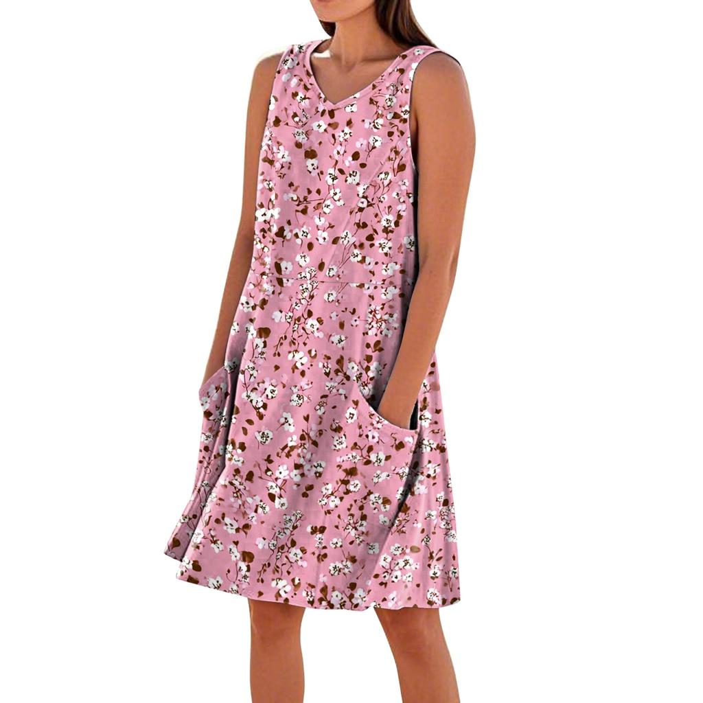 Ärmelloses Damen-Sommerkleid mit V-Ausschnitt, Blumendruck, lässig, mit Taschen, lockere Passform, leicht, für den täglichen Gebrauch