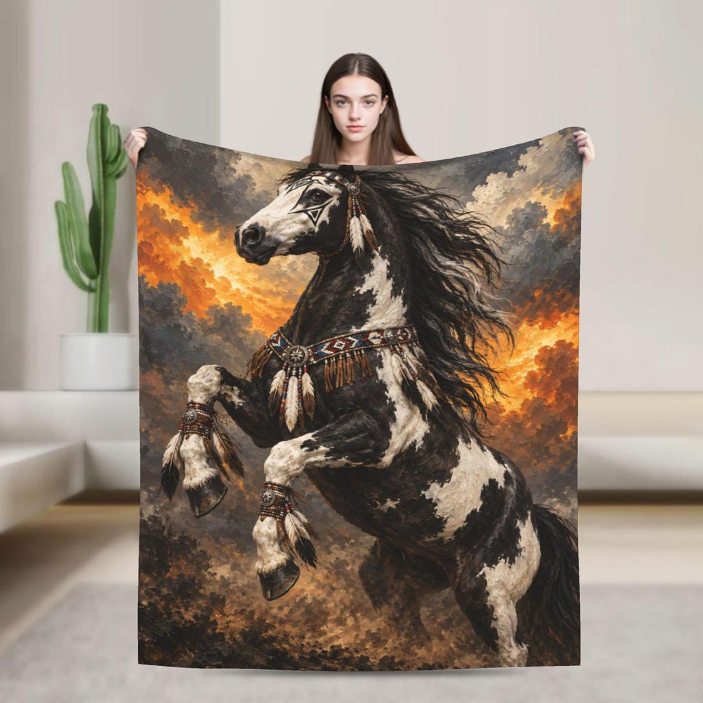 Tribal Pinto Horse Fleece Blanket, Western Rustic Decor, Oil Painting Style (300g Flannel)