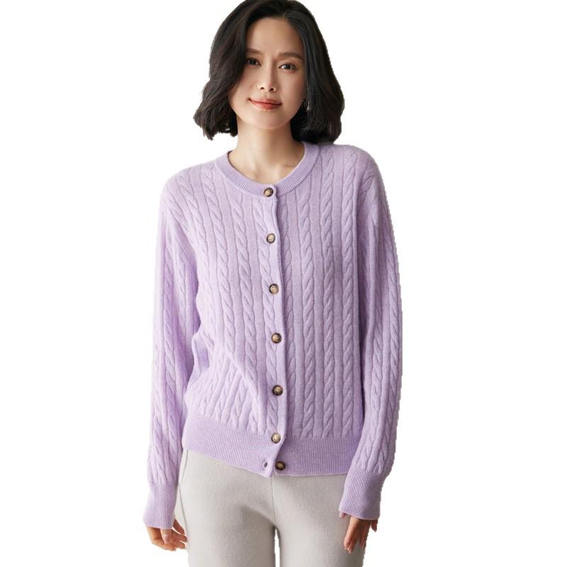 Women's Cashmere Cable-Knit Cardigan Sweater - Round Neck, Single-Breasted, Multi-Button, Loose Fit, Solid Color, Versatile Fall/Winter Style