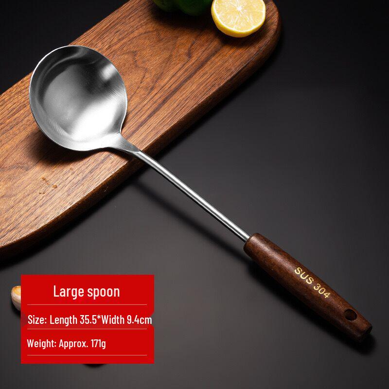 Stainless Steel and Wood Spatula & Ladle Set: Large Slotted Spoon, Stir-fry Spatula, Long Handle Kitchen Utensils