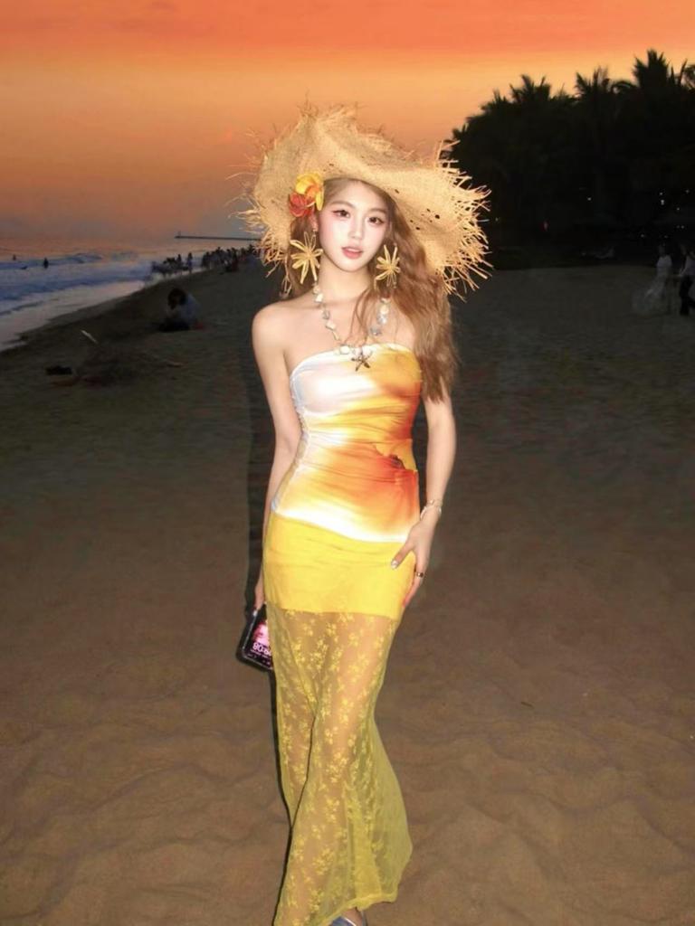 Design Sense Dopamine Vacation Style Lace Tulle Fishtail Skirt Sunset Sunset Print Tube Top Set Long Skirt