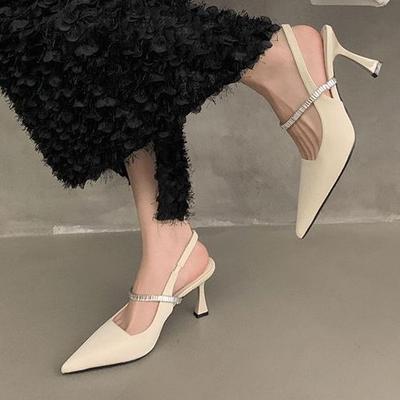 Pointed Stiletto High Heels French Single Shoes Women'S Shoes One Word With Rhinestone Bag Head Women'S Sandals
