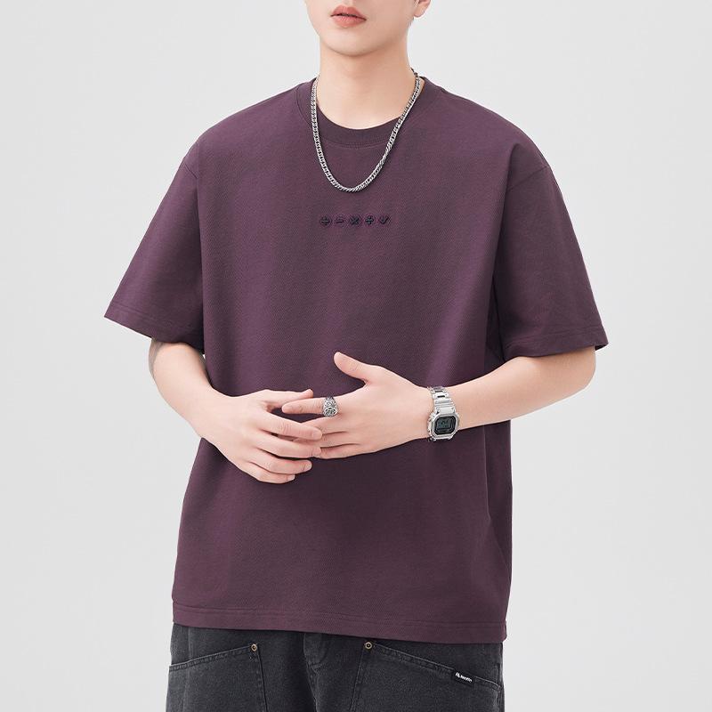 New Summer Short-sleeved T-shirt for Men's Embroidered Loose Five-quarter Sleeve T-shirt Japanese Retro Casual