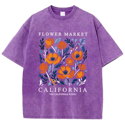 Mercado de Flores Estampados de California Camisetas Lavadas para Mujer Camisetas de Algodón Cuello Redondo Cómodas Camisetas Oversize Moda Ropa para Mujer