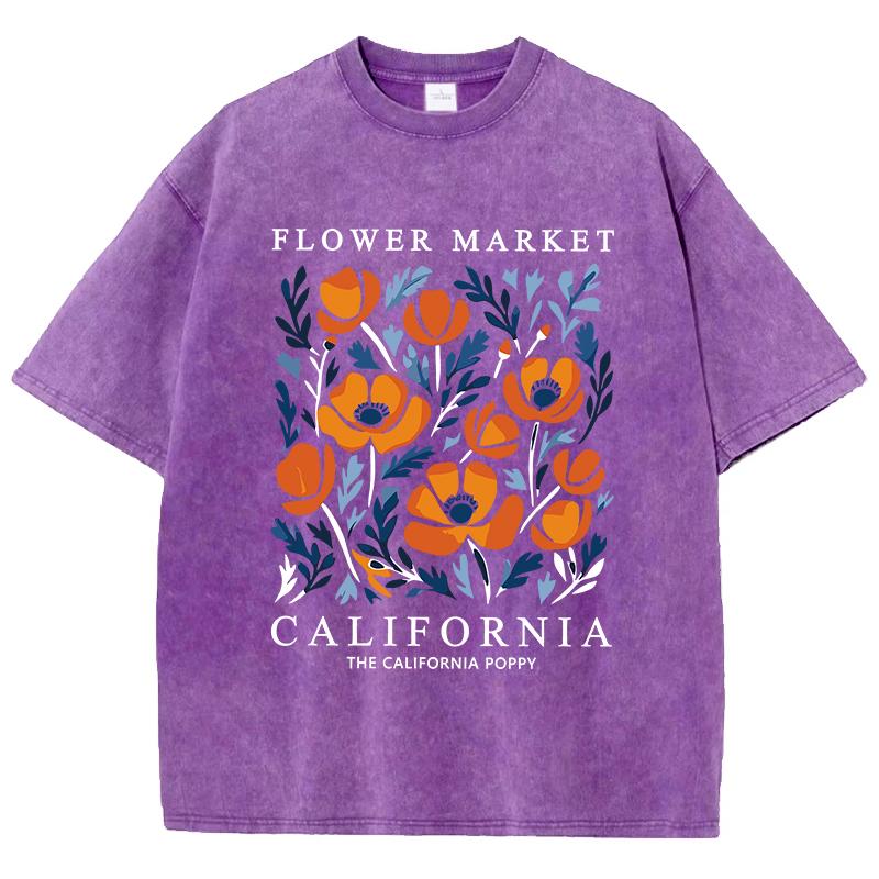 Flowers Market California Prints Washed TShirts Womens Cottontops Comfortable ONeck Oversize T Shirts Fashion Womans Clothes