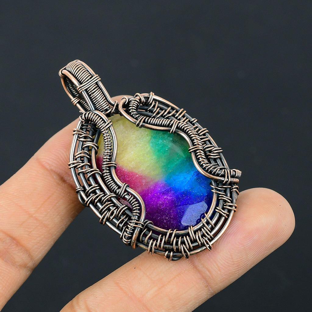 Rainbow Solar Quartz 999 Copper Wire Wrapped Pendant, Handmade Gemstone Pendant Jewelry, Gifts For Wife Brand New Pendant