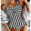 Women's European & American Striped Ruffle One-Piece Swimsuit with Slimming Coverage, Straps, and Chest Pads