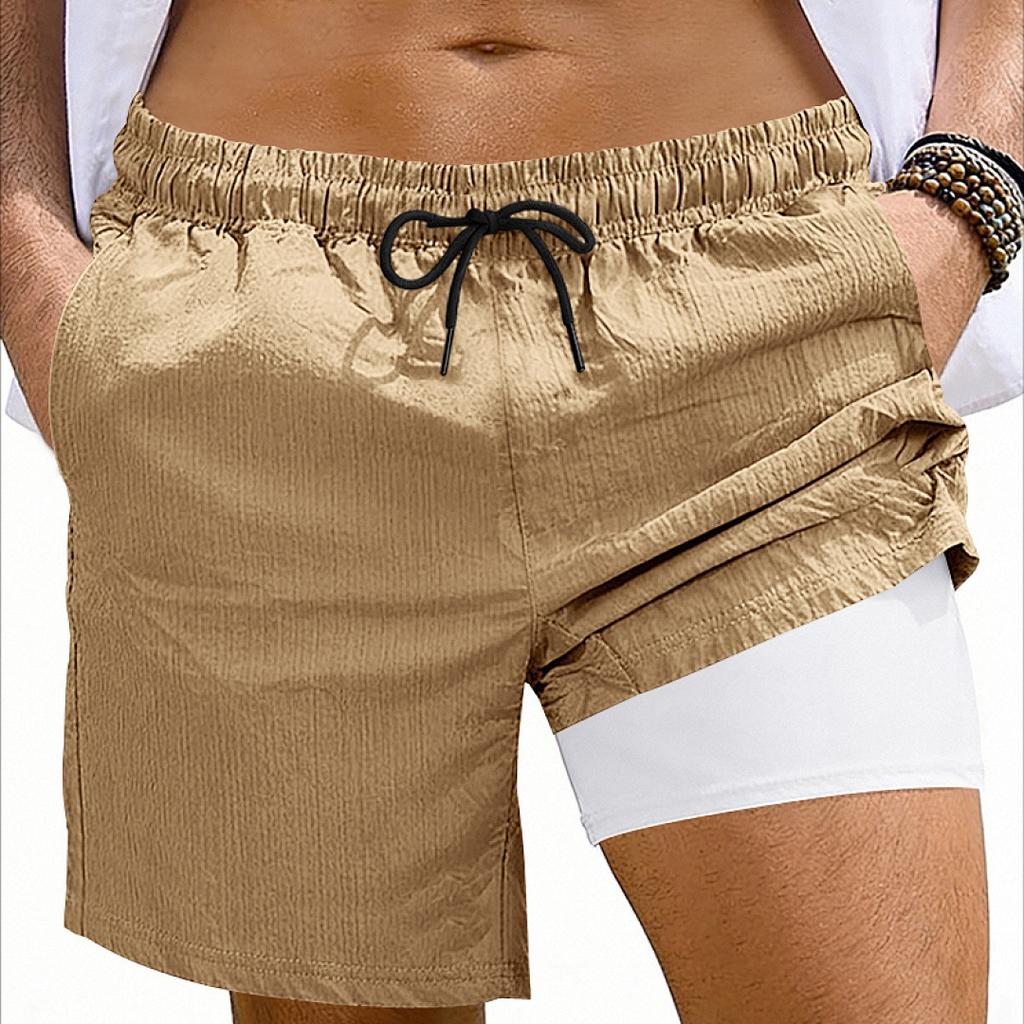 Gym Men's Summer Vacation Two Piece Double Layer Fitness Speed Drying Exercise Slow Running Function Casual Drawstring Shorts