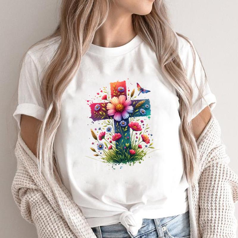 (Asian Size) lovely flower style cute Print Short Sleeve T-shirts Casual Women's Top T Clothing O-neck Fashion Female Graphic Tee