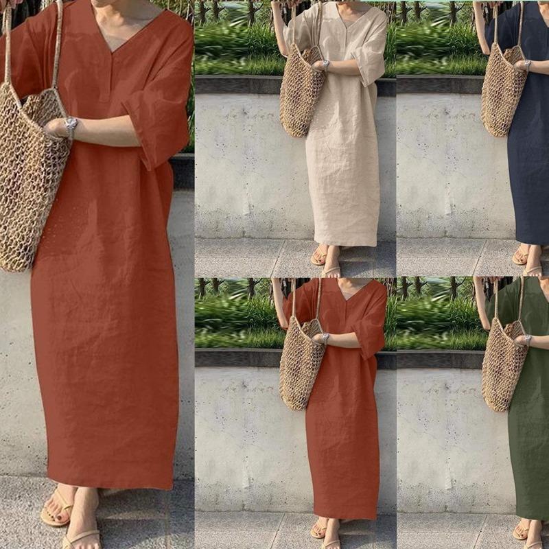 Summer Fashion Short Sleeved V-neck Elegant Vest Dresses Casual Solid Color Loose Long Dress for Women