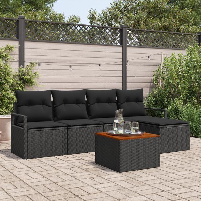 VidaXL Ensemble de Sofa de Jardin 6 Pièces avec Coussins Noir Rattan Poly Acacia 3356364