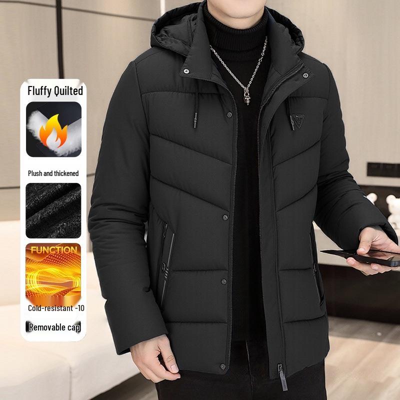 Winter 2025 Men's High Loft Warm Cotton Jacket with Detachable Hood for Middle-Aged and Elderly Business Wear.