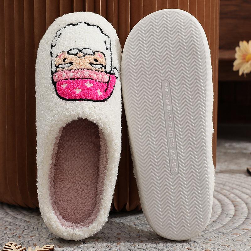 Fashion Cartoon Santa Claus Cotton Slippers Women Winter Soft Faux Fur Plush Slides Woman Non Slip Wear Resistant Indoor Slipper Lady
