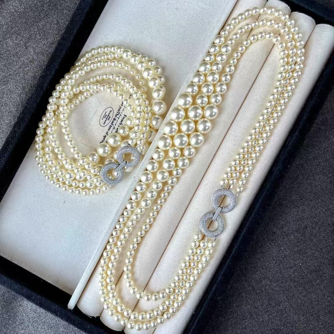 Retro Strong Light High Quality Gradual Change Smile Dry Rose Color Artificial Crystal Pearl Necklace Sweater Chain