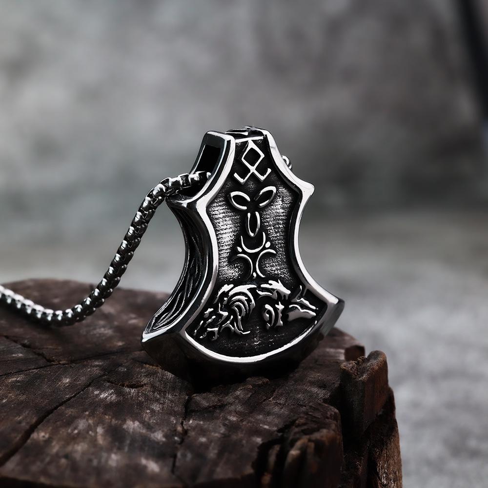 Double Wolf Head Celtic Battle Axe Pendant - Viking Rune Punk Style Titanium Steel Men's Jewelry