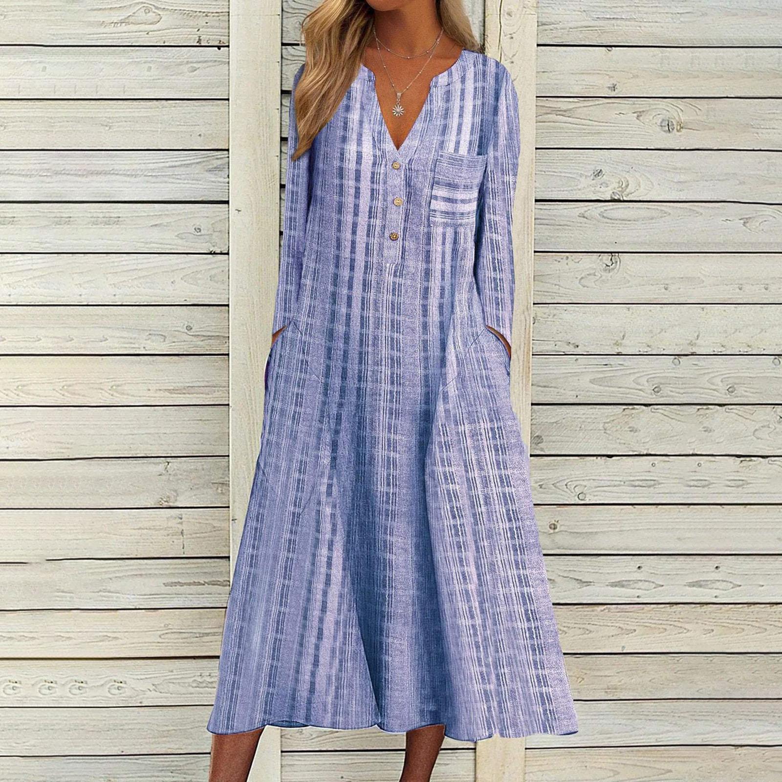 

Платье с v-образным вырезом и карманами, длинными рукавами и полосатым принтом XXXL синий