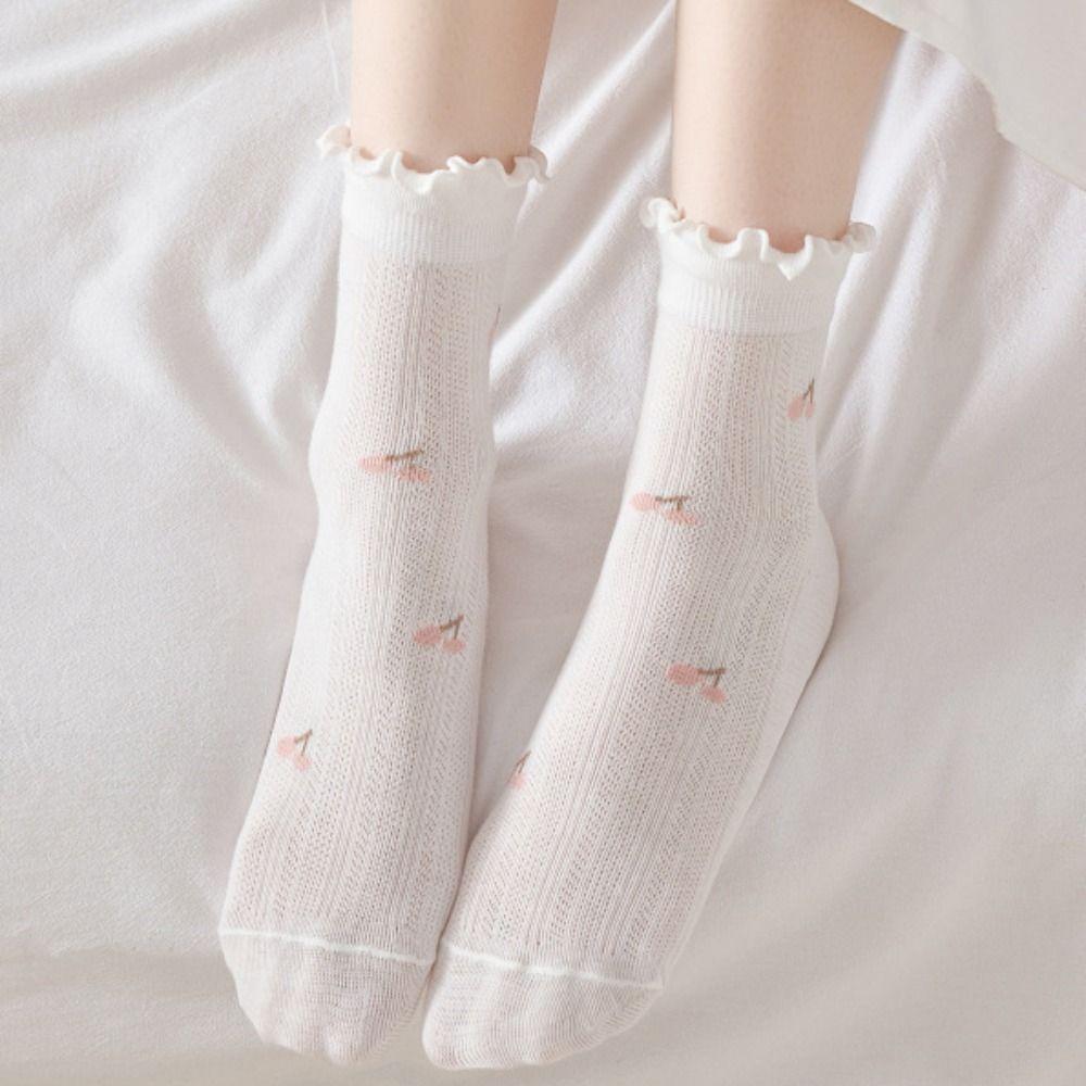 

Cherry Ruffle Lace socks Love Printed Summer Tube Socks Fashion Mesh Ankle Socks Streetwear
