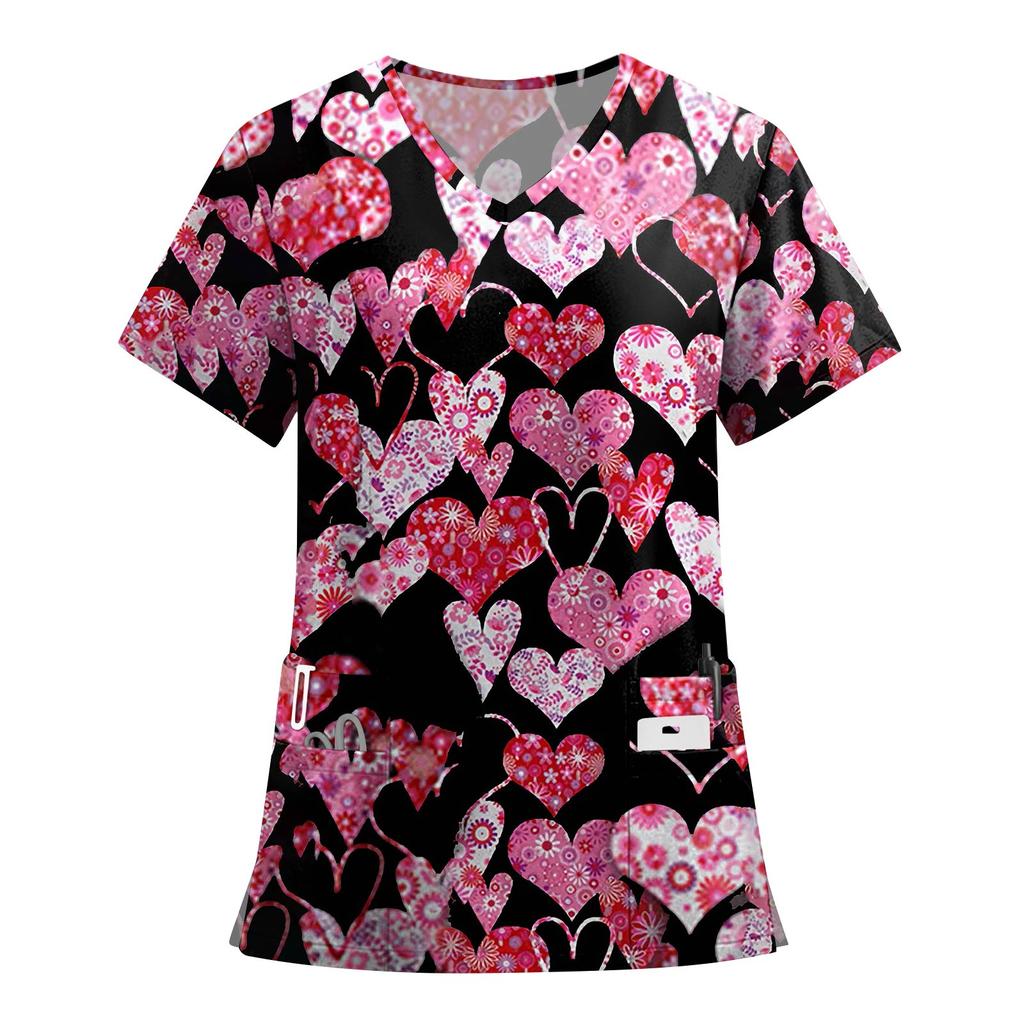 Women's Fashion Printed Short Sleeve V Neck Pattern Tops Pocket Working T-shirts