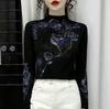 De Rong Women's Autumn/Winter Rhinestone Long-Sleeve Semi-High Neck Base Layer Shirt