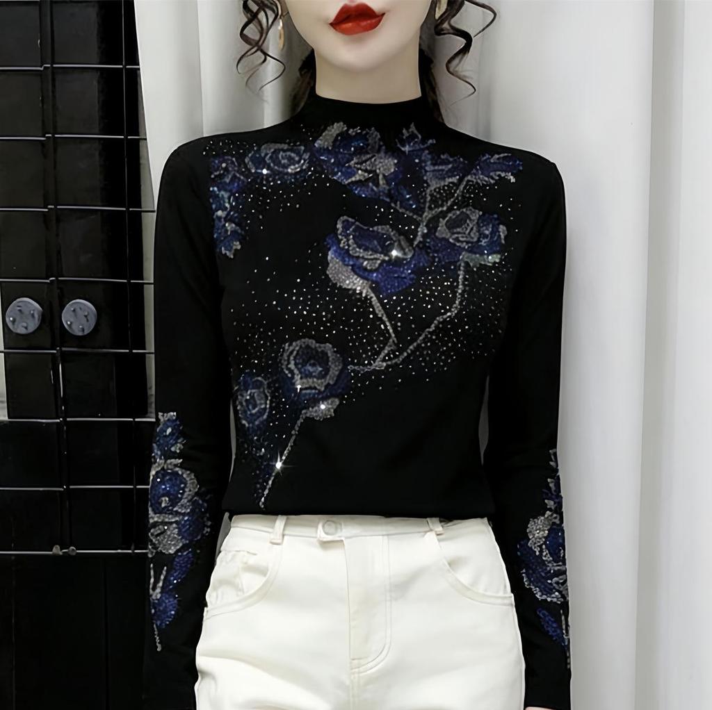 De Rong Women's Autumn/Winter Rhinestone Long-Sleeve Semi-High Neck Base Layer Shirt