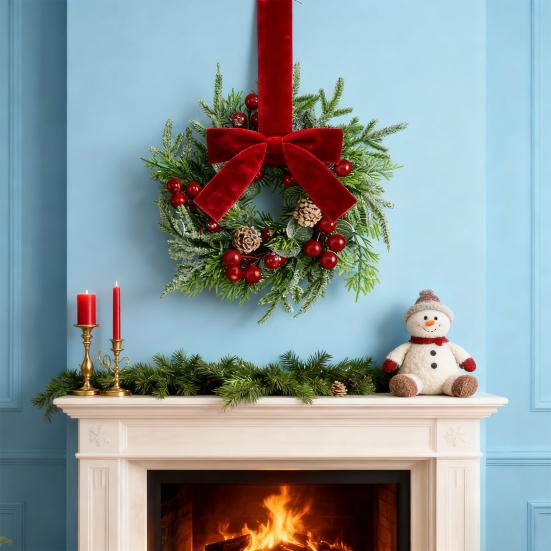 Christmas Mini Cabinet Wreaths Artificial Norfolk Pine Wreath with Ribbon Bows Red Berry Pinecones Small Kitchen Wreath for Window Front