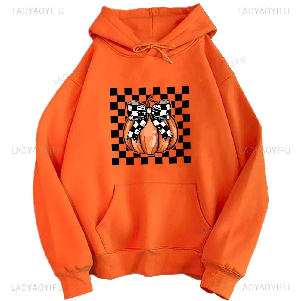 2024 Halloween Orange Hoodie Kawaii Halloween Pumpkin bowknot Women's Hoodie Harajuku Halloween Print Autumn Warm Unisex Hoodie