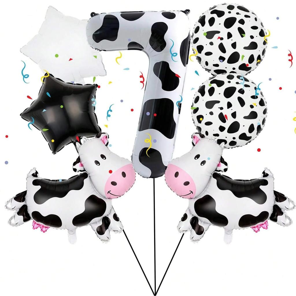 7pcs Cartoon Big Cow Balloon 40inch Black White Cow Number 0-9 Balloon Set Kid's Birthday Farm Animal Party Balloon Decoration