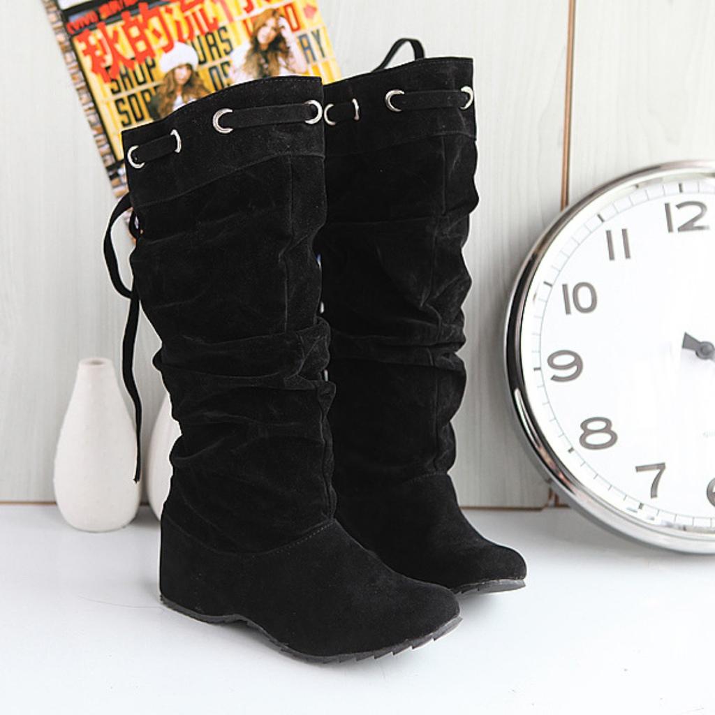 Spring and Autumn Fashion Ladies Inner Height Increase Frosted Leather Medium Boots Students Bow Wedge Heel Women's Shoes