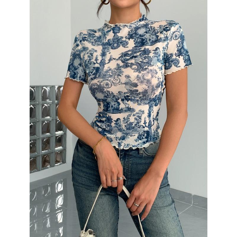 Women S Elegant Mesh Printed Ruffled Short Sleeve T Shirt