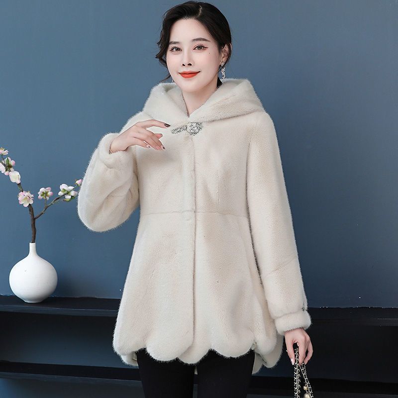 Autumn and winter new imitation mink velvet women's coat medium and long imitation fox fur coat hooded large size slim and thin