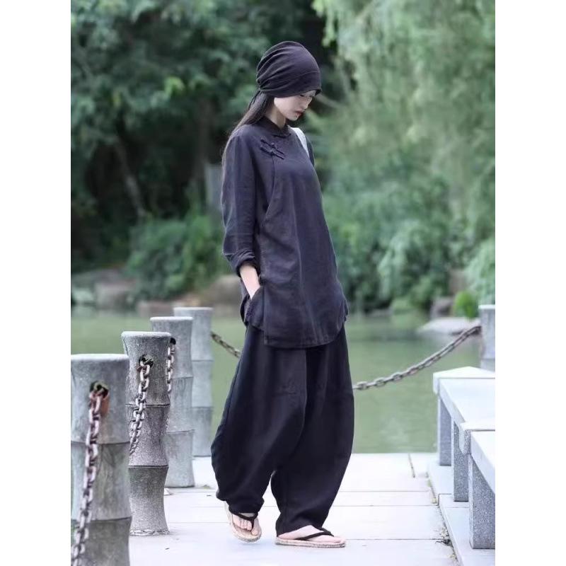 

2026 Spring/Summer Retro Frog Button Cotton Linen Mid-Length Zen Tea Pants L темно-синий