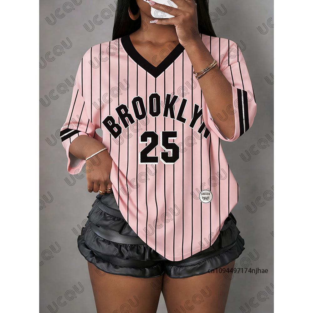 Oversized T Shirt For Women V-Neck Short Sleeve Summer Stripe Brooklyn No.25 Print Sports Tops Casual Football Jersey Y2k Tees