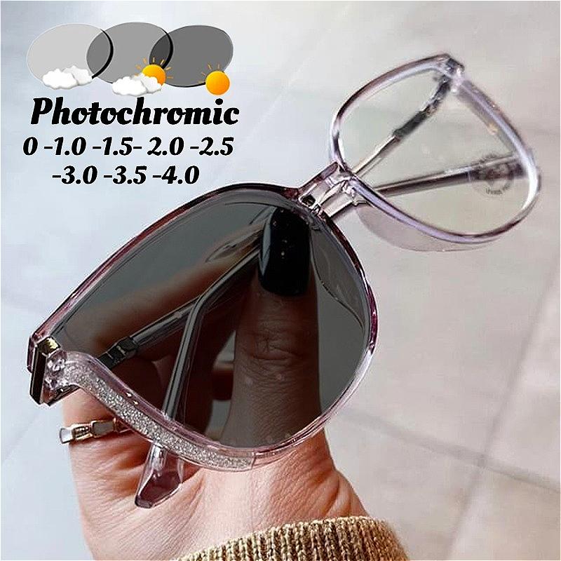 Pochromic Myopia Glasses for Women Oversized Sparkling Frame Eyewear Outdoor UV Protection Sunglasses Near Sight GLasses