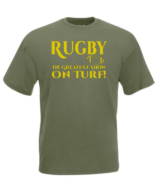 Adults Greatest Show On Turf Rugby Scrum Sports Supporter Unisex Olive TShirt 2XL