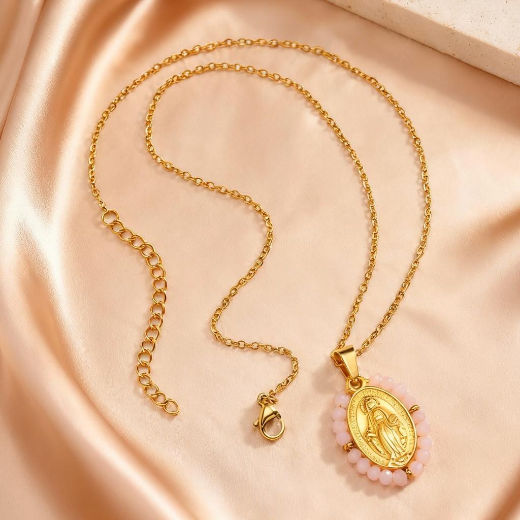 Classic Virgin Mary Pendant Necklace for Women, Zircon Imitation Pearl Natural Stone Bead Charm Necklace,Stainless Steel Jewelry