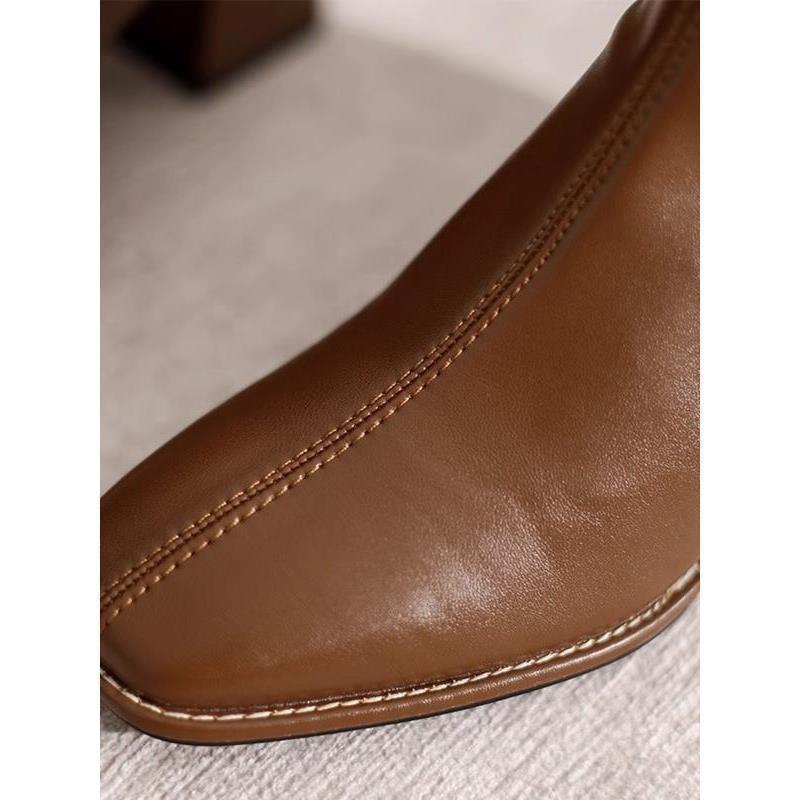 Riesen Komfort Nische Quadratkopf Außergewöhnliche Britische Mittelhohe Stiefel Braun Dicker Absatz Skinny Stiefel Damen Kugel
