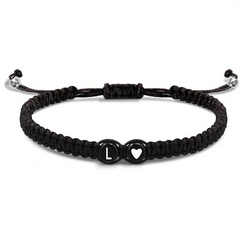 Adjustable Hand-woven Bracelet: Black with White Letter, Heart, Silver Bead - Choose from 26 English Alphabets.