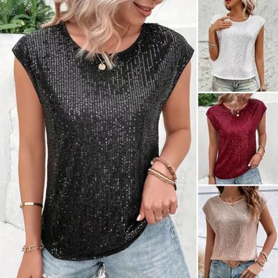 Damen T-Shirt Rundhalsausschnitt Ärmellos Loose Fit T-Shirt Glänzende Pailletten Lässige T-Shirts Normale Passform Oberteil Alltagskleidung