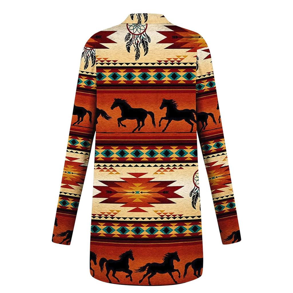 Women's Fashion Casual Nationality Print Medium Length Cardigan Jacket Coat